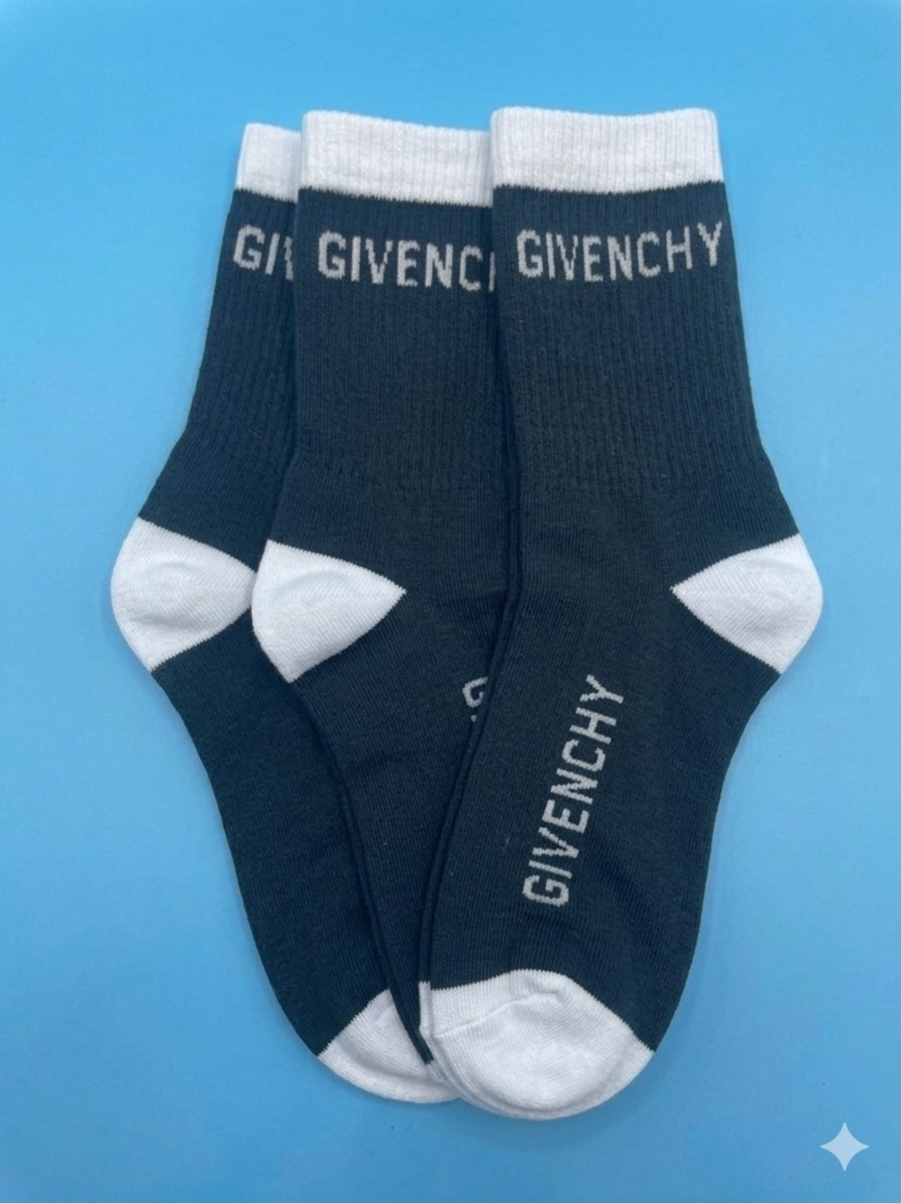 3 Pack Givenchy Black Crew Socks with White Cuff, Heel & Toe Accents